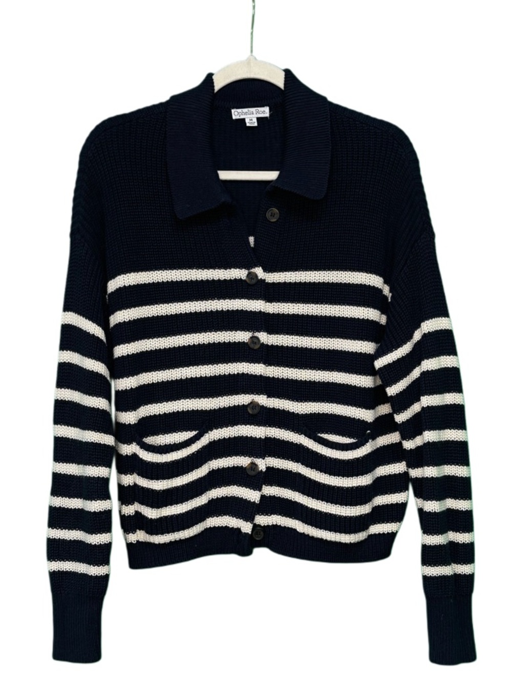 Ophelia Roe Navy & Off White Striped Collared Cardigan
